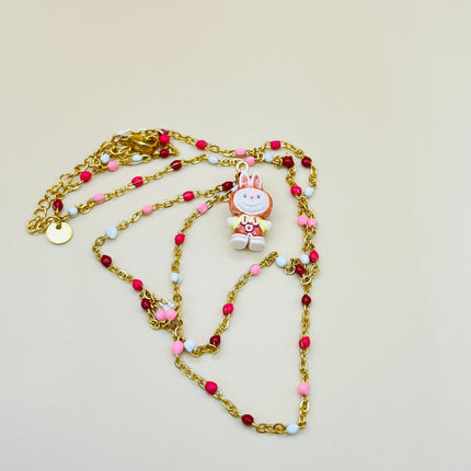 Collana Labubu Kawaii – Catena con perline placcata oro con ciondolo smaltato a forma di cartone animato