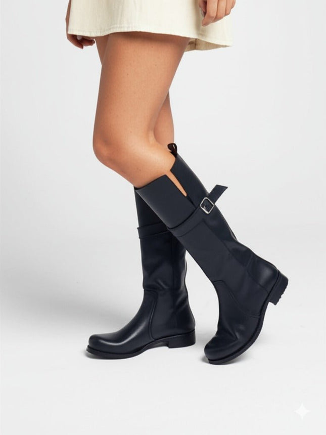 CROWN Stivale Biker in Vera Pelle Nero con fibbia al polpaccio