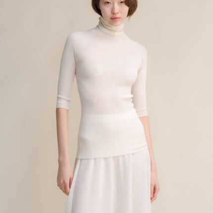 Extra Fine Merino Wool 3/4 Sleeve Ribbed Turtleneck (3D - Knit)
