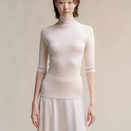 Extra Fine Merino Wool 3/4 Sleeve Ribbed Turtleneck (3D - Knit)