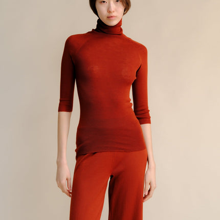 Extra Fine Merino Wool 3/4 Sleeve Ribbed Turtleneck (3D - Knit)