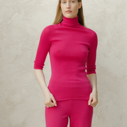 Extra Fine Merino Wool 3/4 Sleeve Ribbed Turtleneck (3D - Knit)