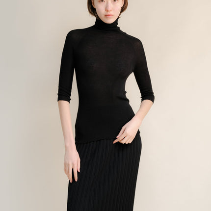 Extra Fine Merino Wool 3/4 Sleeve Ribbed Turtleneck (3D - Knit)
