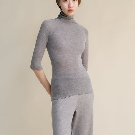Extra Fine Merino Wool 3/4 Sleeve Ribbed Turtleneck (3D - Knit)