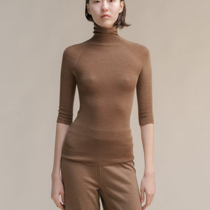 Extra Fine Merino Wool 3/4 Sleeve Ribbed Turtleneck (3D - Knit)