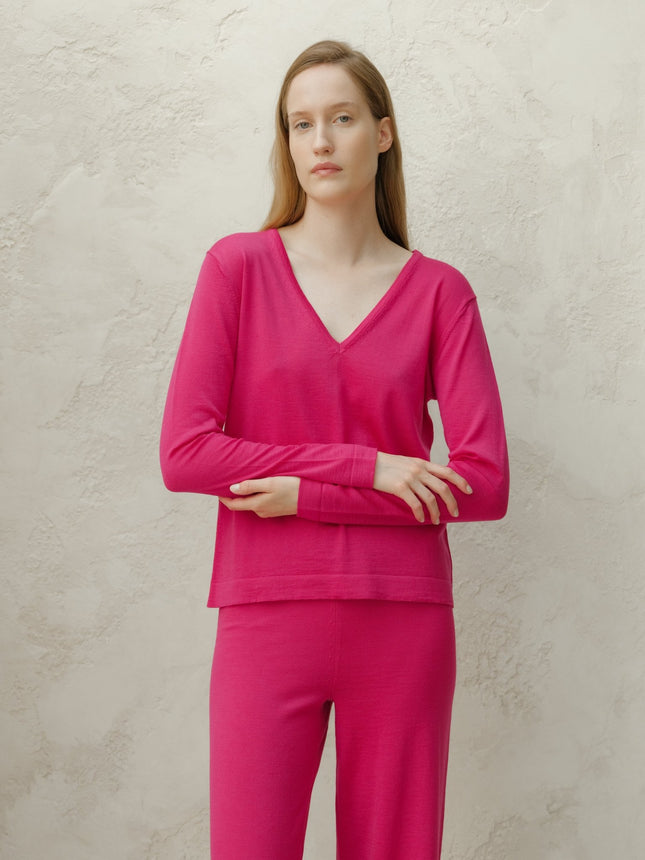 Extra Fine Merino Wool V - Neck Sweater with Straight Sleeve