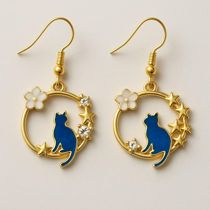 Orecchini Celestial Cat – Pendenti placcati oro con smalto blu e stelle