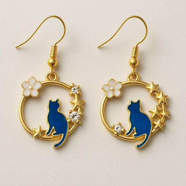 Orecchini Celestial Cat – Pendenti placcati oro con smalto blu e stelle