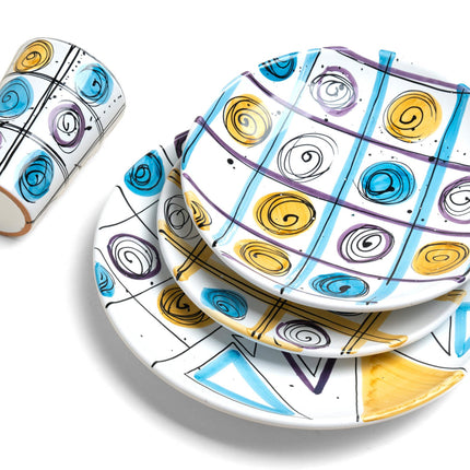 Tris Piatti Tris Blu e Giallo Istintismo con Bicchiere