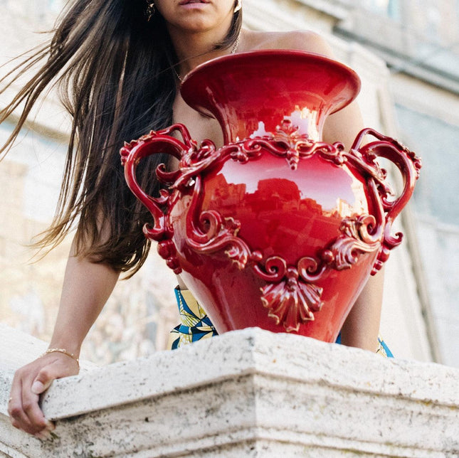 Vaso Anfora H 40 con Greca a Rilievo Rosso Fuoco - Ceramiche di Caltagirone Sofia
