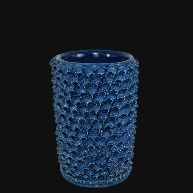 Vaso cilindro pigna di Caltagirone modellata a mano altezza 25 cm in blu intenso