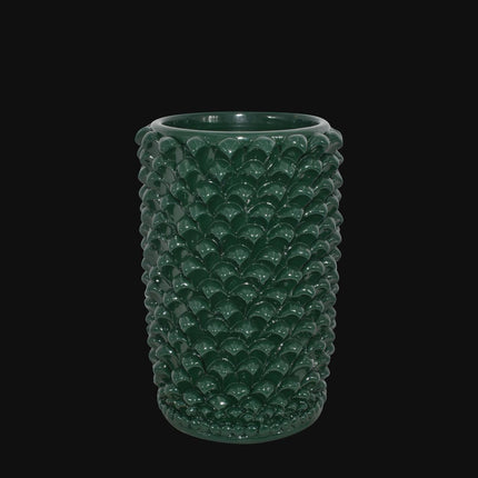 Vaso cilindro pigna di Caltagirone modellata a mano altezza 25 cm in verde antico