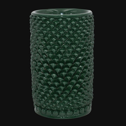 Vaso cilindro pigna di Caltagirone modellata a mano altezza 25 cm in verde antico