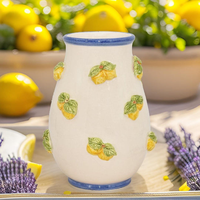Vaso con limoni h 25 white and lemon in ceramica di Caltagirone