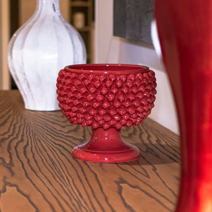 Vaso mezza pigna rosso fuoco in ceramica di Caltagirone