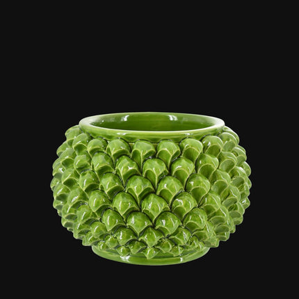 Vaso mezza pigna s/piede verde foglia in ceramica di Caltagirone