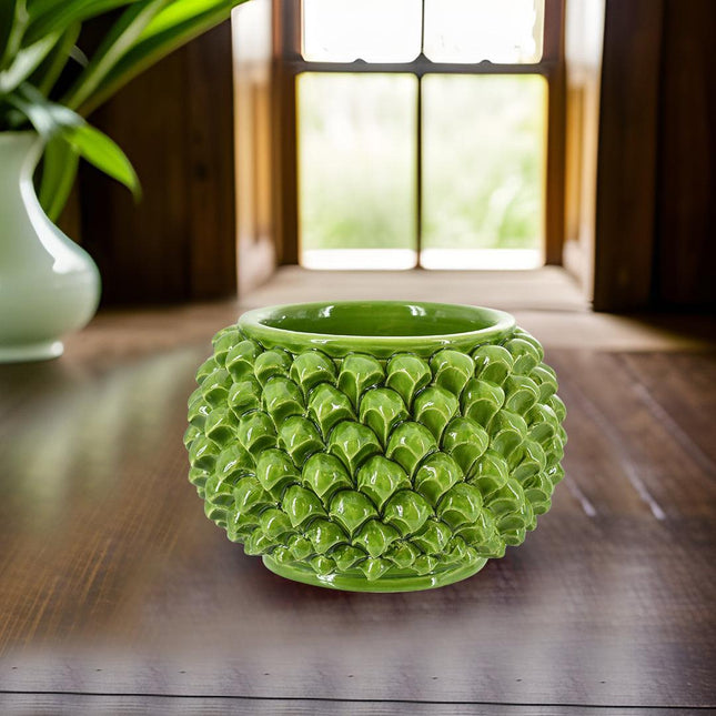Vaso mezza pigna s/piede verde foglia in ceramica di Caltagirone