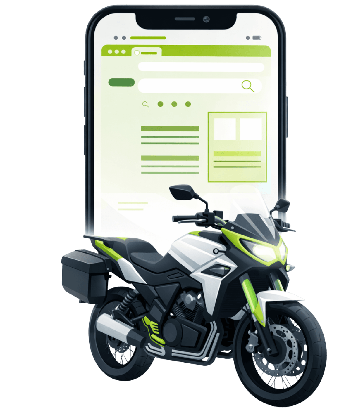 Iscriviti per ricevere clienti per la tua attività moto: illustrazione di una moto da turismo accessoriata con bauletto, visualizzata su uno smartphone.