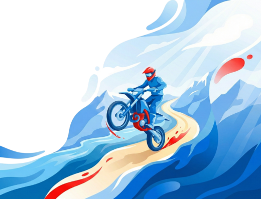 Un motociclista in stile cartone animato esegue un'impennata su una moto da enduro rossa e blu su un sentiero di montagna. Paesaggio stilizzato con montagne innevate e onde blu.