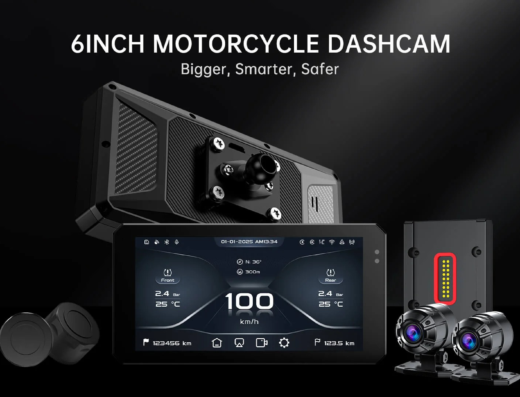 Dashcam da 6 pollici per moto, con display che mostra la velocità, la pressione degli pneumatici e altre informazioni utili per il motociclista. Accessori per moto per un viaggio più sicuro.
