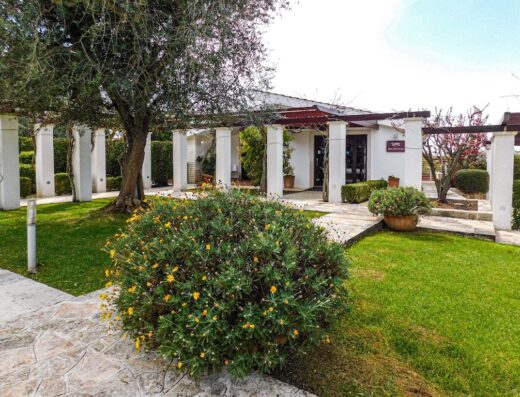 Ingresso della reception di Abate Masseria & Resort, con giardino curato e architettura elegante. Albero secolare e fiori gialli in primo piano.