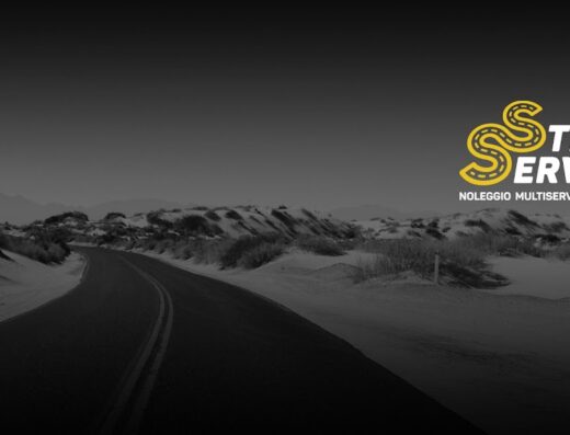 Agenzia Stev Service logo su sfondo di strada desertica. Servizi auto, revisioni, collaudi e ufficio patenti.