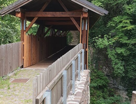 Ponte coperto in legno all'Agritur E-Cinque, con vista sulla vegetazione circostante. Ideale per escursioni e relax nella natura.