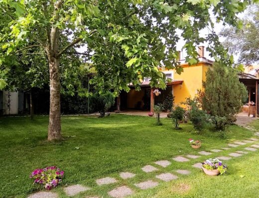 Exterior view of Agriturismo Bosco Farneto with a lush green lawn, trees, and a stone pathway leading to the building. The agriturismo is a yellow building with a covered porch.