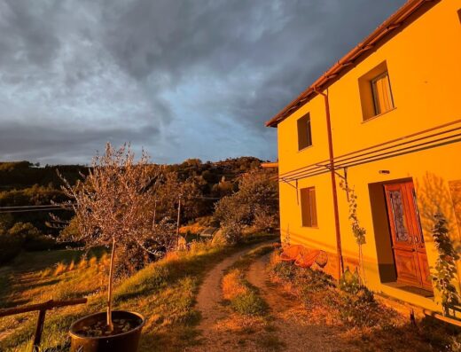Agriturismo Ca' Pasquin exterior view: yellow building, dirt path, potted tree, and sunset sky in the Italian countryside.