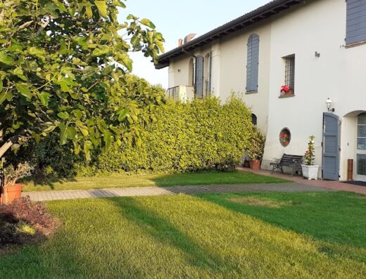 Corte Roeli agriturismo: verdureggiante giardino con prato curato, albero di fico e facciata bianca con finestre blu.