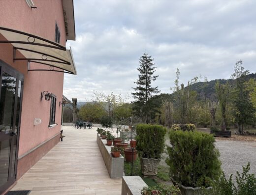 Agriturismo da Zia Elena exterior view showing the building, terrace with potted plants, and surrounding countryside landscape under a cloudy sky in Italy.