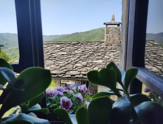 Vista dalla finestra di Ca' d'Alfieri, con tetto in pietra, camino rustico, fiori e colline verdi sullo sfondo.