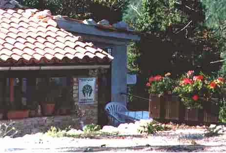 Agriturismo La Becerca (Vegan B&B): Entrance to the eco-friendly accommodation with terra cotta tile roof, signage, potted plants, and floral arrangements, creating a welcoming atmosphere.