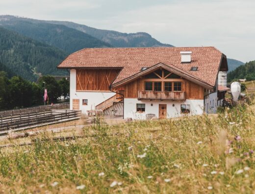 Agriturismo Maso Corradini: charming farmhouse amidst wildflower meadow, featuring traditional architecture and mountain views.