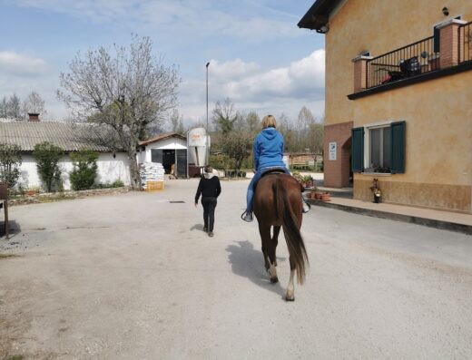 Agriturismo Parco del Chiese: Cavallo con cavaliere durante un'escursione. Un ragazzo cammina vicino. Esperienze di viaggio e natura.