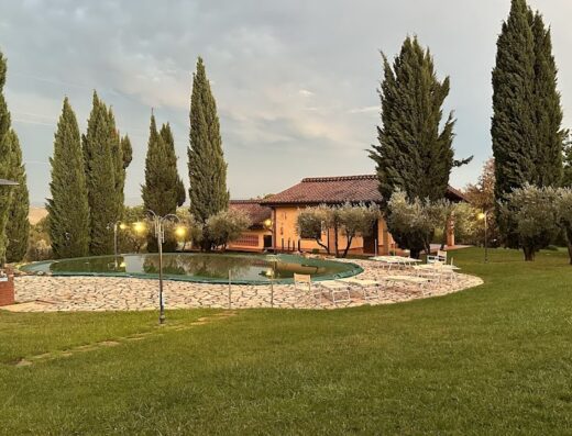 Agriturismo Podere Casciano: piscina panoramica circondata da cipressi e ulivi, ideale per un soggiorno rilassante in Toscana.