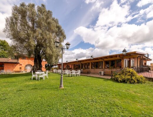 Esterno curato dell'Agriturismo Poggio dei Cavalieri con prato verde, tavoli bianchi, ulivo secolare e struttura in legno con vetrate.