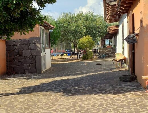 Agriturismo Su Nuratolu vista esterna con pavimentazione in pietra, edifici rurali e vegetazione mediterranea in Sardegna.