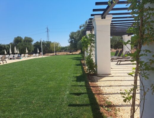 Agriturismo Tenuta Chianchizza: Vista del prato verde curato con ombrelloni e lettini, e pergolato bianco con zone d'ombra.