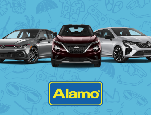 Three Alamo Rent A Car vehicles, a Volkswagen Golf GTI, a Nissan Juke, and a Renault Clio, ideal for travel and transportation needs.