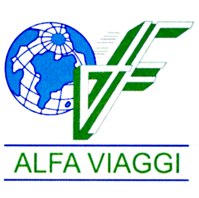 Logo Alfa Viaggi che mostra un globo terrestre blu affiancato da una stilizzazione verde di una "V" e "F" per viaggi in moto e accessori.