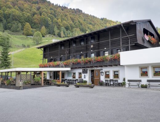 L'Alpine Wellness Hotel e Ristorante Riglarhaus, un edificio tradizionale in legno con balconi fioriti, situato in un paesaggio alpino verdeggiante, offre un'esperienza di benessere e ristorazione unica.