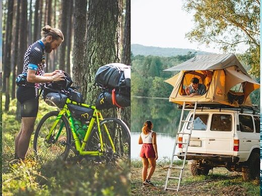 AmerigoStore online store collage featuring a camper in a field, a cyclist with a touring bike, a rooftop tent on a car near a lake, and a man on a sailboat, showcasing products for camper, nautica, auto, and moto.