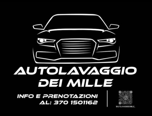 Logo di Autolavaggio dei Mille, un car wash che offre servizi di pulizia auto. Il logo mostra il profilo stilizzato di un'auto moderna e informazioni di contatto per prenotazioni.