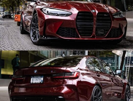 Auto sportiva BMW M3 in colore rosso bordeaux parcheggiata in strada, vista frontale e posteriore. Auto di lusso lavata a mano.