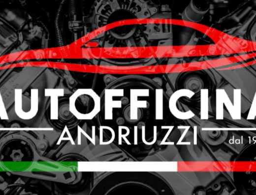 Logo di Autofficina Andriuzzi su sfondo di motore auto, officina meccanica specializzata in riparazioni e manutenzione veicoli dal 1984.