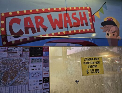 Insegna di autolavaggio con scritta 'CAR WASH' e cartello che offre lavaggio auto completo a 12 euro a Terni. Servizio di pulizia auto.