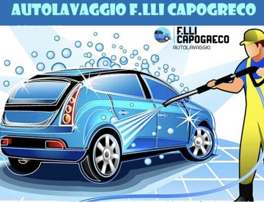 Autolavaggio F.lli Capogreco: Illustrazione di un uomo che lava un'auto blu con un getto d'acqua ad alta pressione, servizio di autolavaggio professionale.