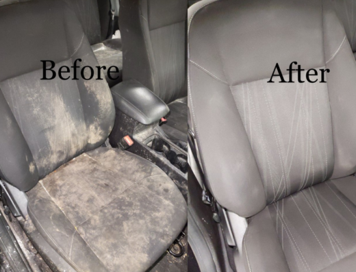 Autolavaggio interni tappezzeria Parma: confronto prima e dopo il lavaggio professionale di un sedile auto molto sporco, tornato pulito e igienizzato.