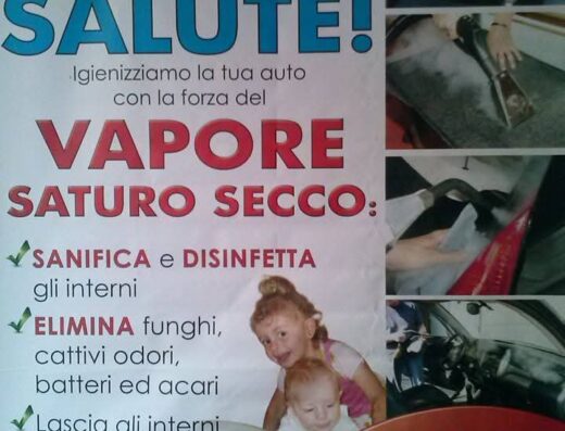 Manifesto pubblicitario di Autolavaggio San Zeno Di Mariotto Mirko che promuove la pulizia auto a vapore, con claim sulla sanificazione e igienizzazione degli interni.